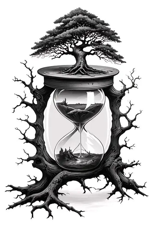 hourglass with living tree in top glass and dead tree in bottom glass tattoo design idea
