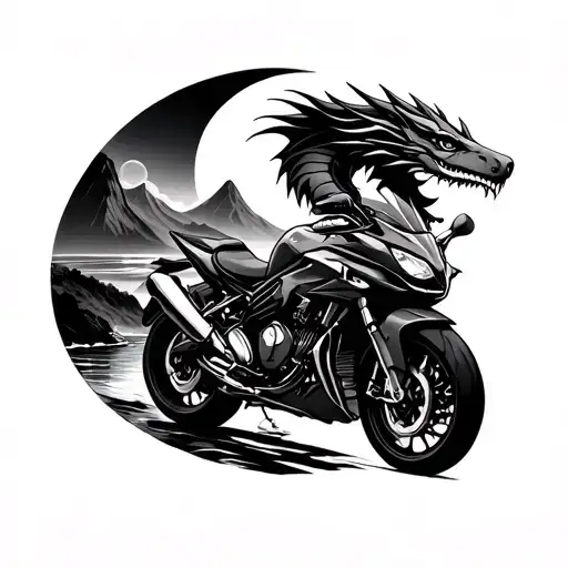 Black and white, shadowing, i love nature, streams, sea, motorcycles, mountains, abstract ima, dragons. Not so realistic tattoo design idea