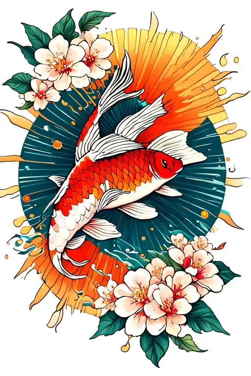 big sun rays with cherry blossoms and flowers and more the one koi fish tattoo design idea