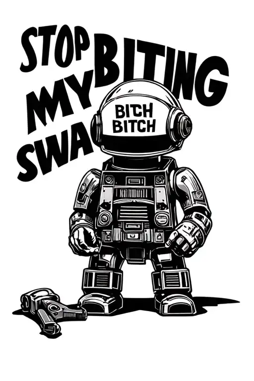 a toy solder but his helmet is made of the words "stop biting my swag bitch" tattoo design idea