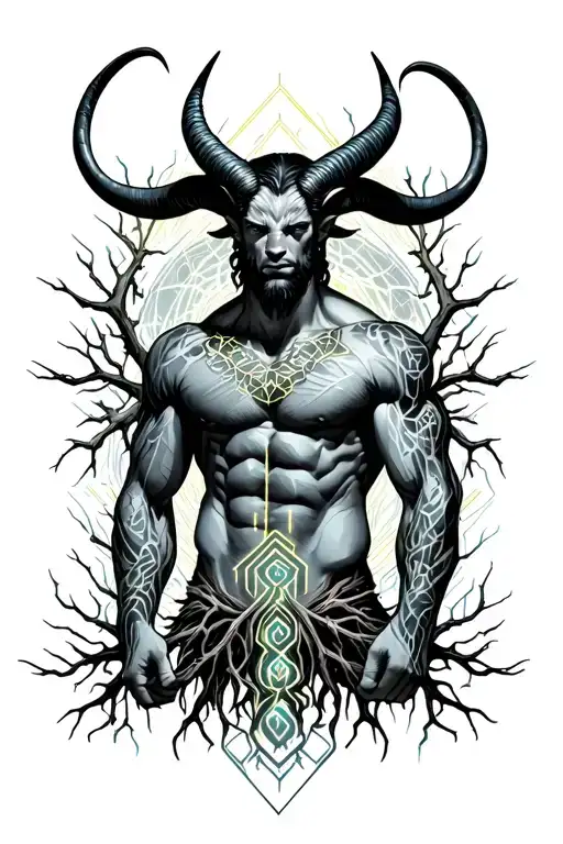 Muscular male horned satyr with bodybuilder muscles surrounded by tribal patterns of roots, branches, veins. Nature. tattoo design idea
