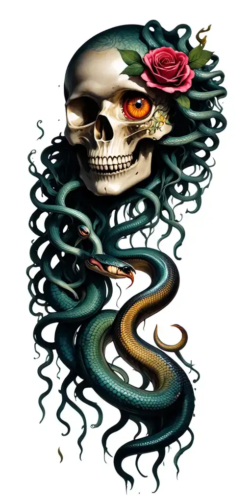 medusa with ink flowing from eyes with snakes going down around a skull with a rose in one eye and a snake out the other tattoo design idea