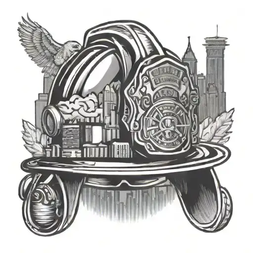 Firefighter helmet with Pittsburgh skyline in the visor reflection tattoo design idea