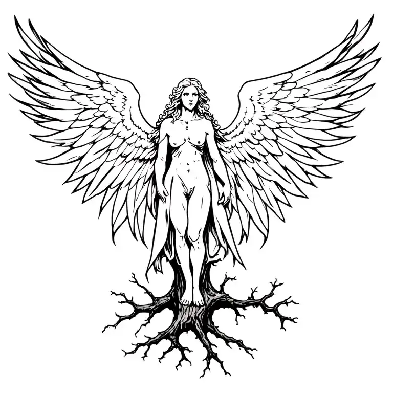 seraphim angel symmertrical spread wings on top of a dead tree tattoo design idea
