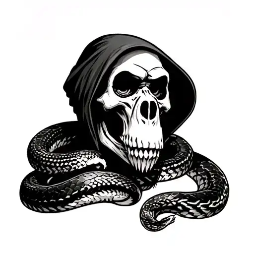 grim reaper with a baboon skull for a head, a python around its shoulders, with a cartoon “ha tattoo design idea