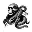 grim reaper with a baboon skull for a head, a python around its shoulders, with a cartoon “ha tattoo design idea