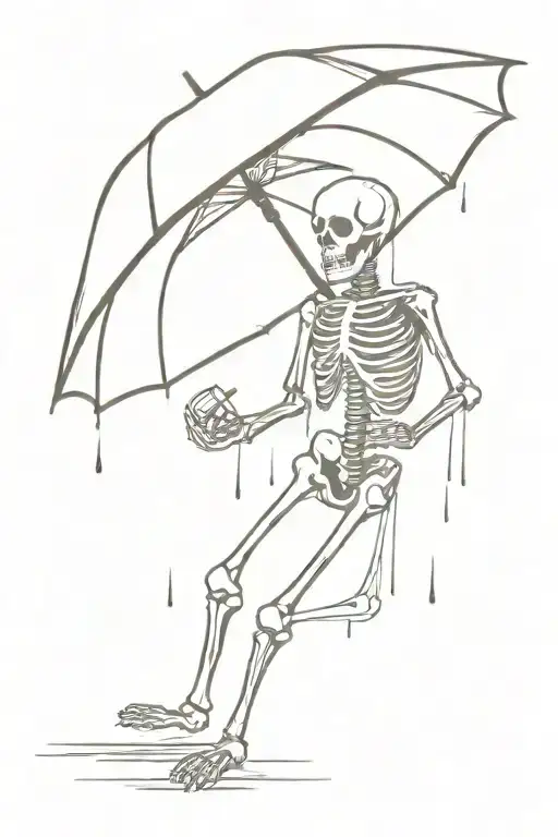 black and white skeleton holding an umbrella getting rained tattoo design idea