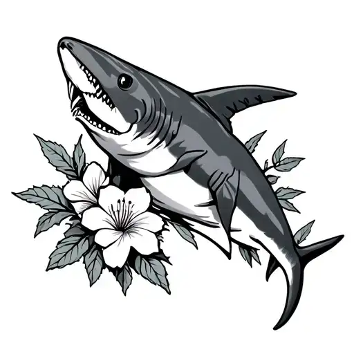 larkspur flower around a hammer head shark tattoo design idea