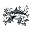 larkspur flower around a hammer head shark tattoo design idea