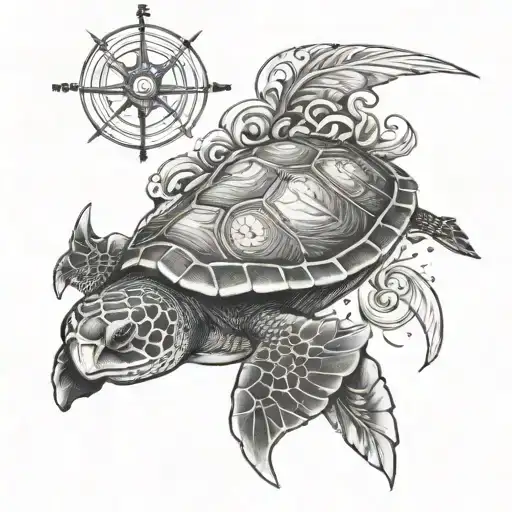 sea turtle and compass tattoo design idea