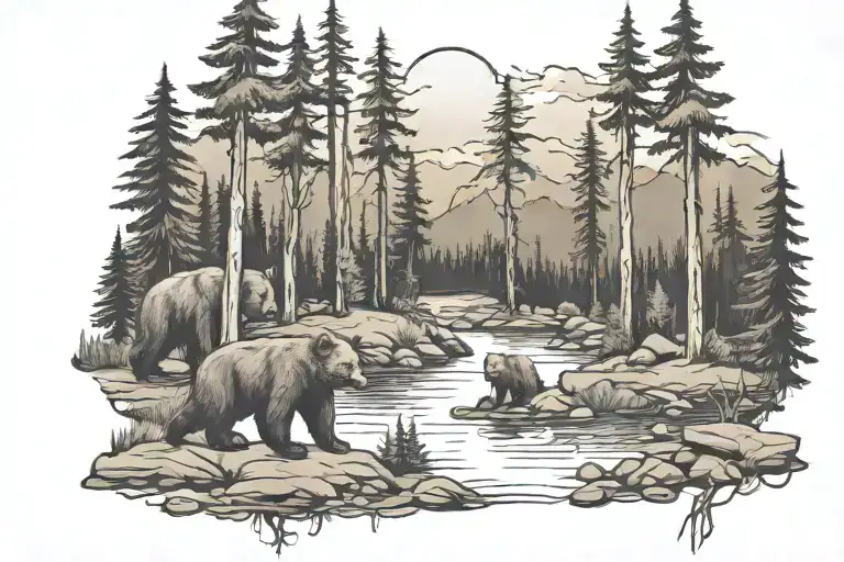 forest with river mountain hammock camp fire a papa bear and two cubs tattoo design idea