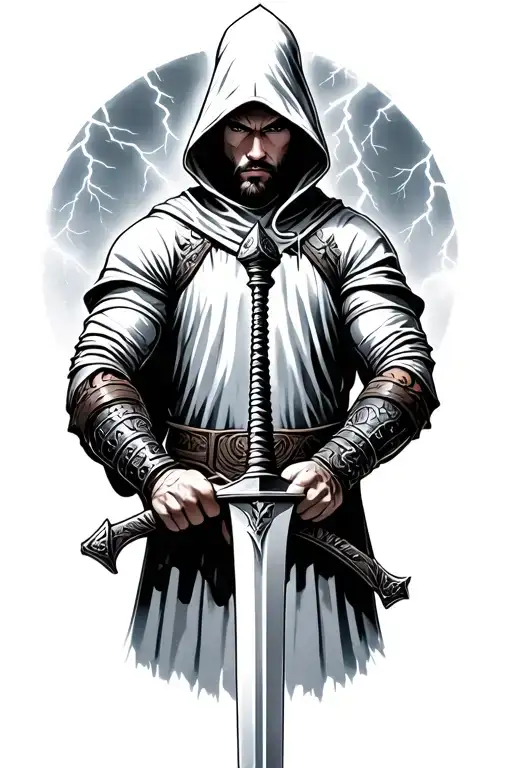 hooded warrior holding a sword with thunderstorm background tattoo design idea