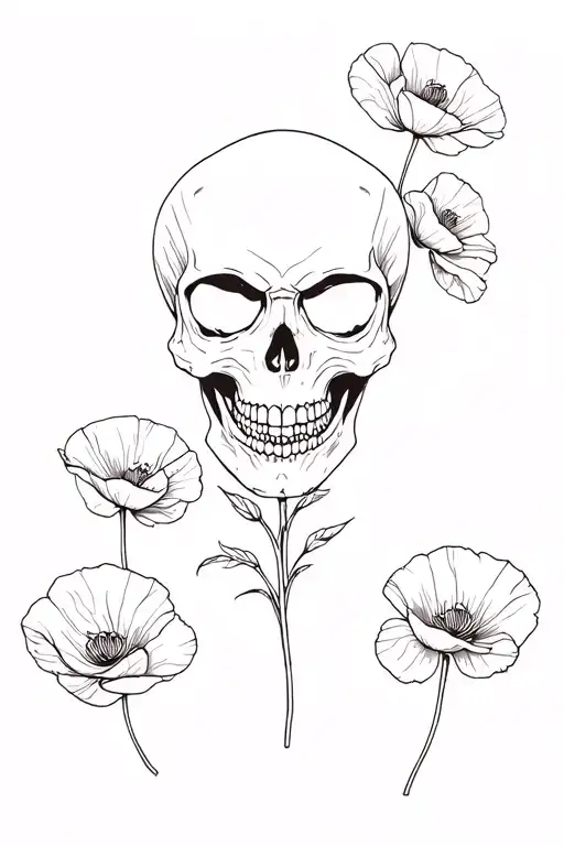 skull and poppies tattoo design idea
