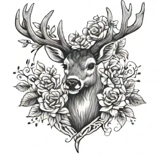 deer head with flowers intertwined tattoo design idea