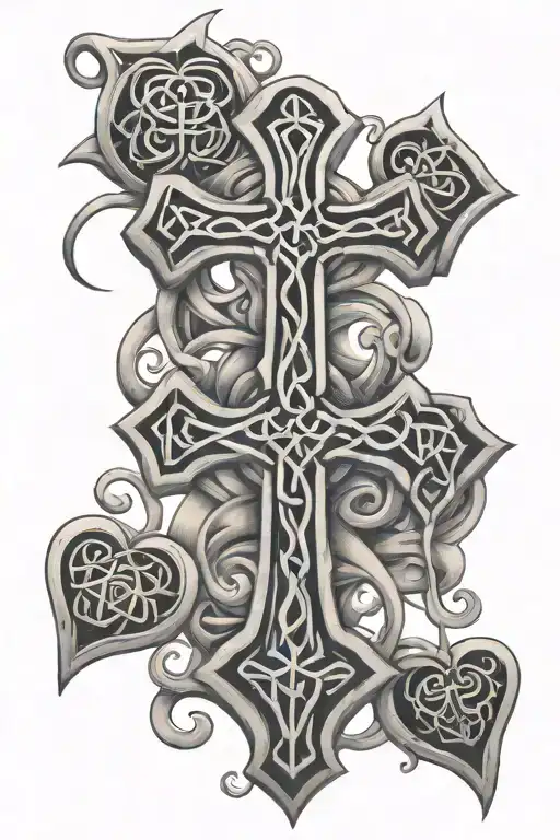 Celtic cross with hearts and names incorporated tattoo design idea