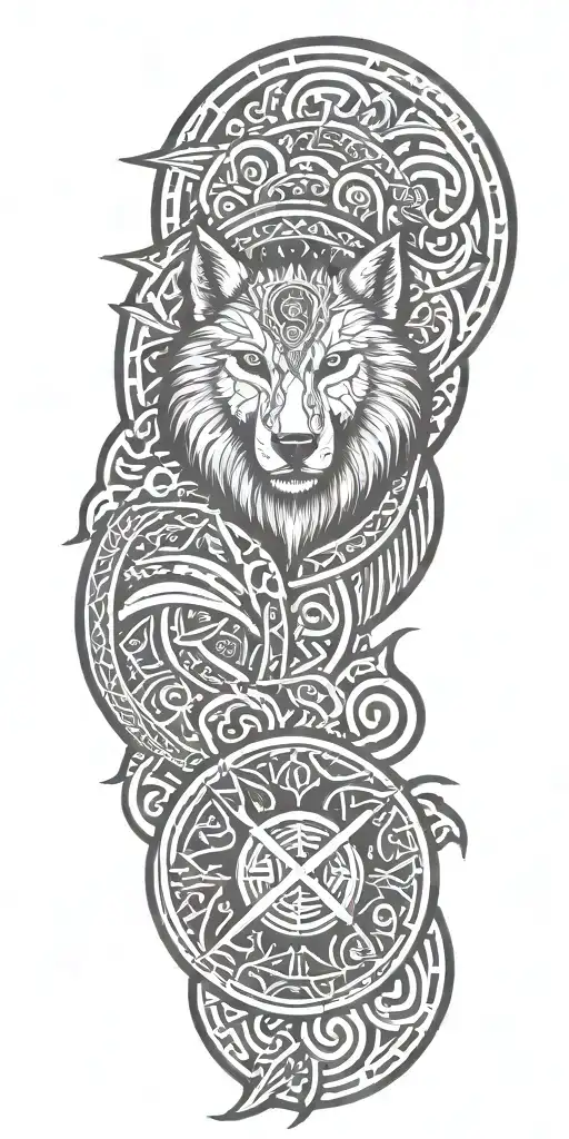 viking symbols, runes, ornaments, odins wolfs tattoo design idea
