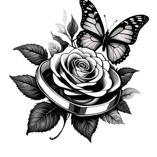 roses and two wedding rings with butterfly tattoo featuring tattoo design idea