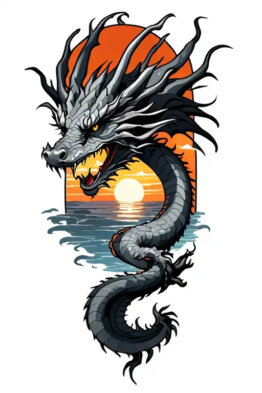 black and gray Dragon with sunset sky tattoo design idea