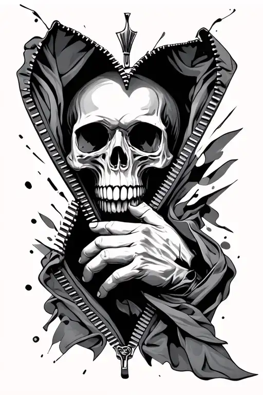 skull with and hand coming out of a zipper opening tattoo design idea