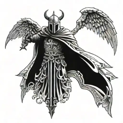 The fallen crusader with wings with a cross after the murder tattoo design idea