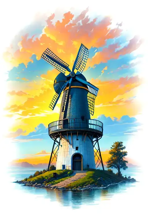 windmill tower with sunset tattoo design idea