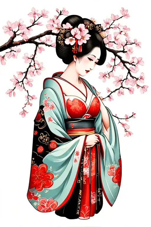 Geisha, Huge Boobs, Cleavage, Petite, Lingerie, cherry blossoms tattoo design idea