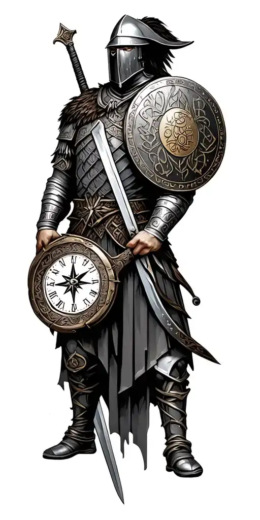 anglo saxon soldier with full face shield, clock, sword, compass, metal detector , medieval hammered coin, celtic stater tattoo design idea