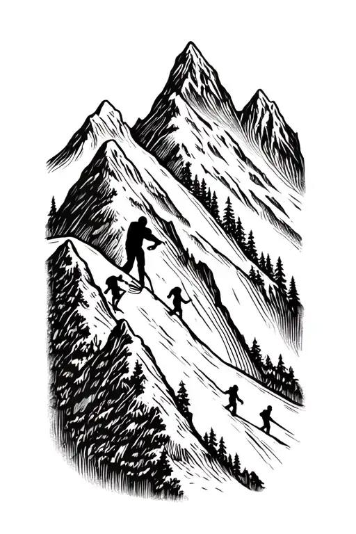 forearm tattoo mountain couple and 4 children climbing tattoo design idea