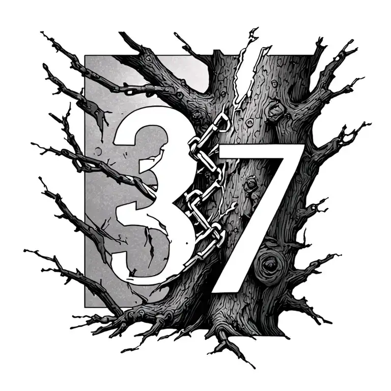 "The chain and branches of the tree from the cracks" Tattoo on the ankle in the form of a broken shack with a crack and pieces that have departed, display the number 37 in cracks tattoo design idea