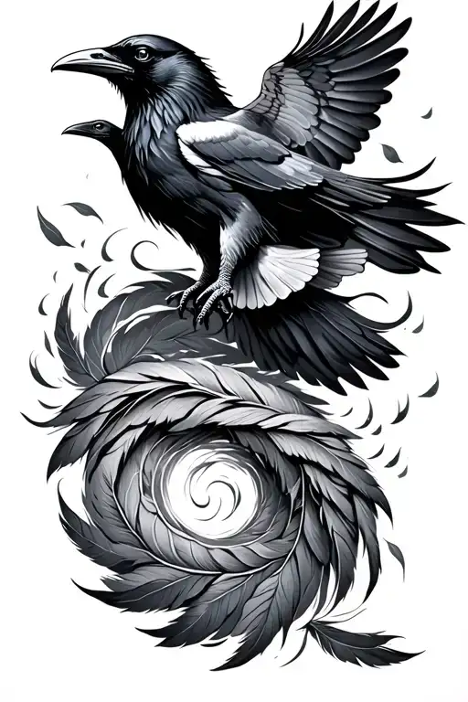 raven and dove flying in spiral, feathers falling beneath them tattoo design idea