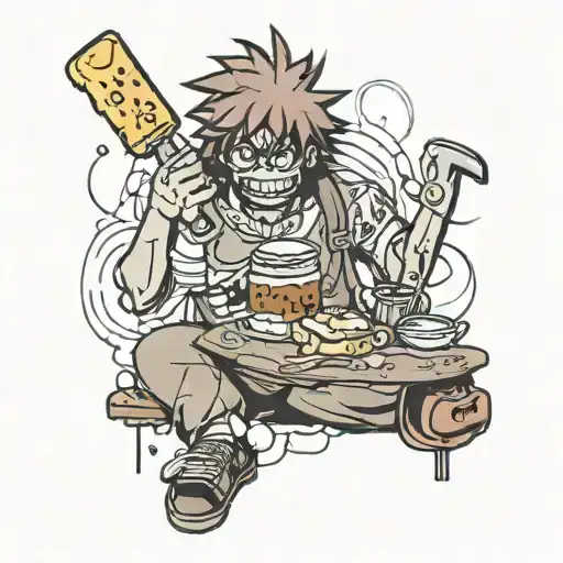 pochita chainsaw man eating breadwith jam jar tattoo design idea