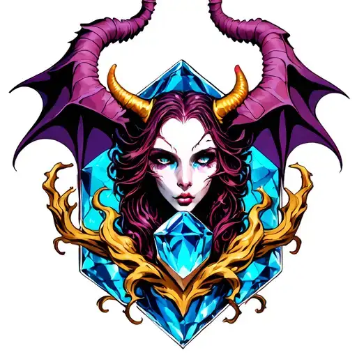 beautiful demon trapped in a blue gem tattoo design idea