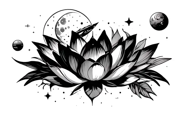 lotus flowers, space themed with moons and start and planets and the death star from star wars on top but not inside  tattoo design idea