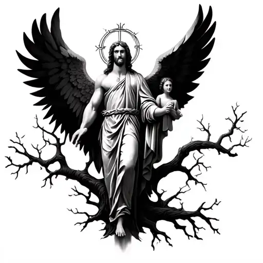 Saint Michael and family tree intertwined tattoo design idea