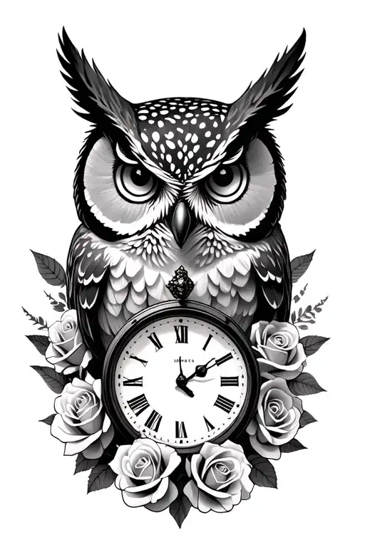 owl head with clock underneath with roses surrounding tattoo design idea