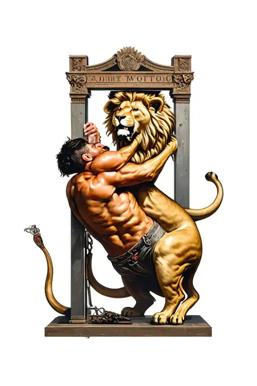 man choking lion with guillotine tattoo design idea