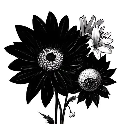 2 daisies, 3 marigold, 2 water lilies, 1 lily of the valley, 1 chrysanthemum and 1 violet tattoo design idea