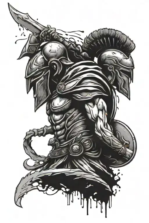 bloody spartan warrior draggin an enemy's head with wording warrior till death in Greek tattoo design idea