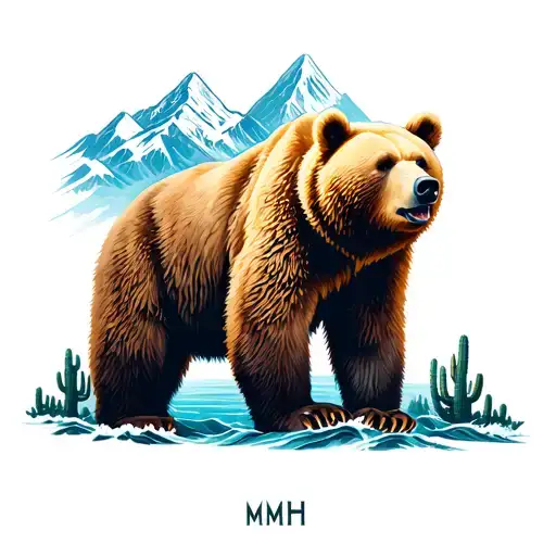 Family, faith, strength, integrity, honor painting Rocky Mountains, ocean, cactus symbolic maps "MMH" Kodiak bear tattoo design idea