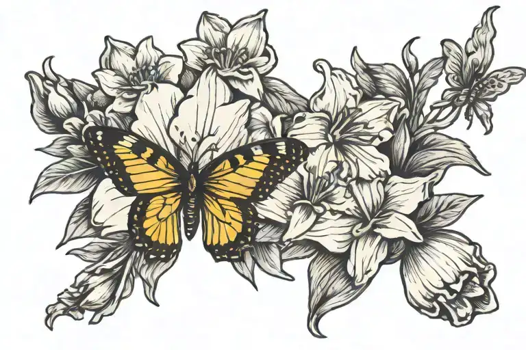 narcissus flower and butterfly flying with a baby foot print tattoo design idea
