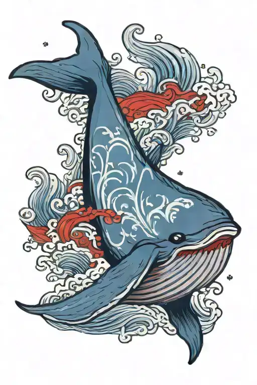 Whale with waves crashing, red, navy blue, and light blue tattoo design idea
