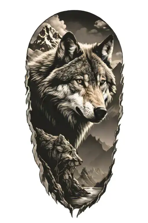 wolf and mountains tattoo design idea