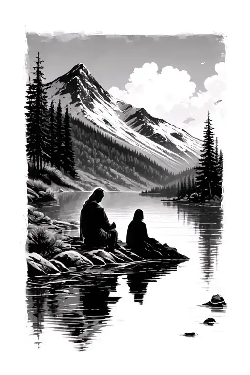 Mountain landscape with a silhouette of a person sitting near the water with Jesus but make their reflections into a lam tattoo design idea