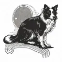 Imagine a border collie with a black cat and a chubby man with little hair next to him. tattoo design idea