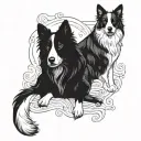 Imagine a border collie with a black cat and a chubby man with little hair next to him. tattoo design idea