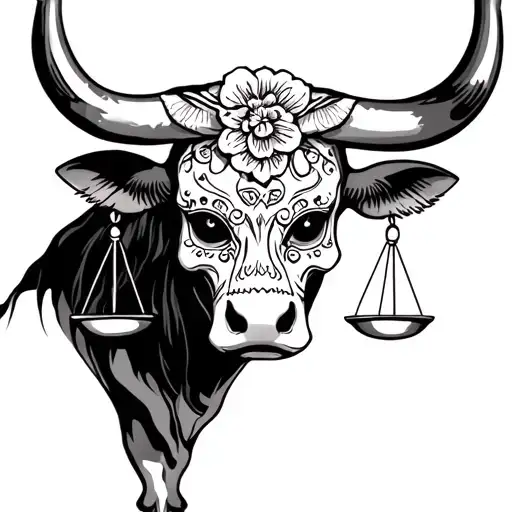 feminine bull with sugar skull markings and 2 Libra scales tattoo design idea