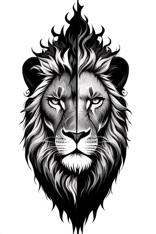 A lion with a two-sided face a good side and a evil side with a Gemini background  tattoo design idea