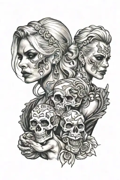 blonde woman with half skull holding baby tattoo design idea