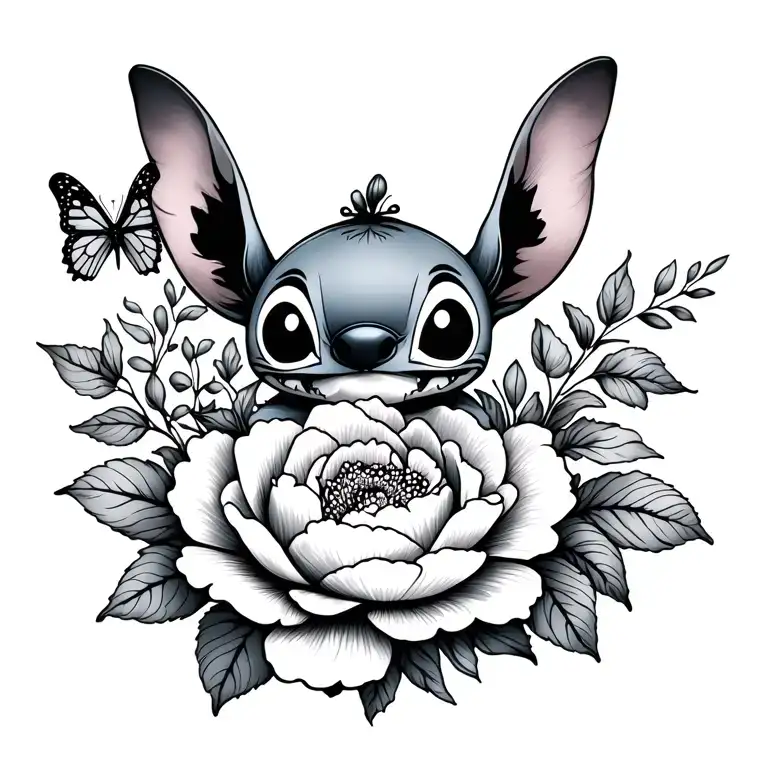 little stitch and peonies and butterfly tattoo design idea