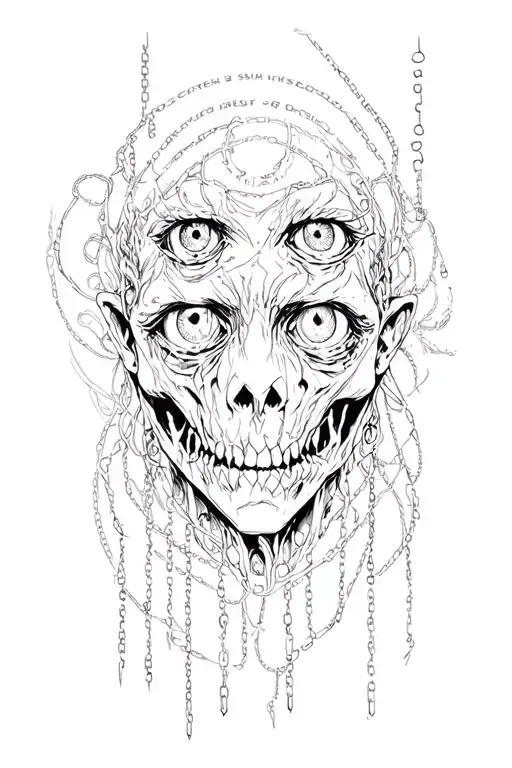 Psycho, Three Eyes of Purgatory, Chain of Text, Dark tattoo design idea